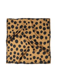 Brown square scarf with irregular black polka dots scattered across and slight fabric folds.