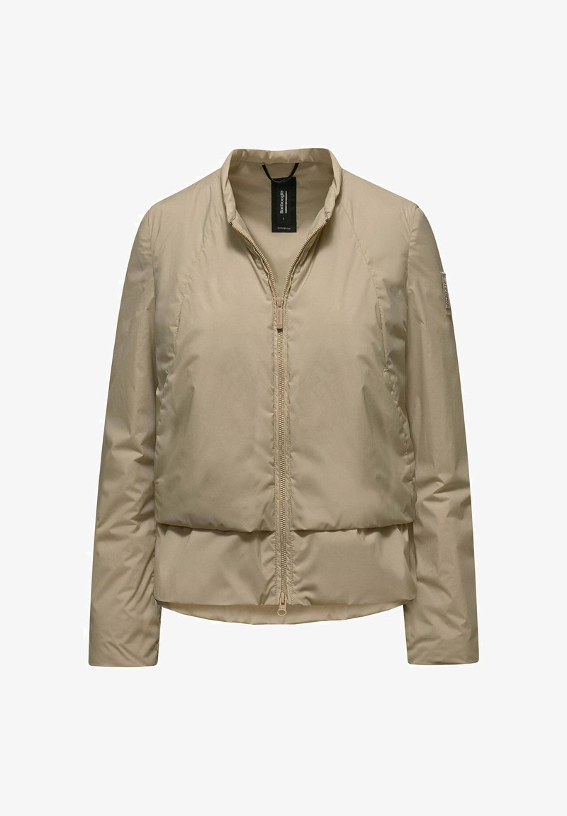 Giacca imbottita leggera beige con cerniera frontale, maniche lunghe e una piccola etichetta del marchio sulla parte superiore della manica sinistra.