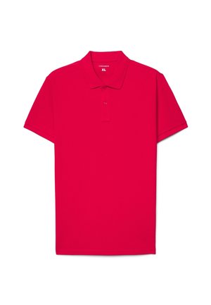 Polo rossa a maniche corte con due bottoni e colletto, taglia XL, mostrata stesa su uno sfondo bianco.