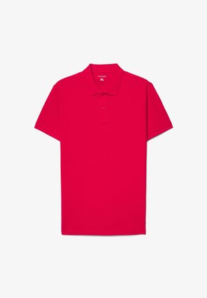 Polo rossa a maniche corte con due bottoni e colletto, taglia XL, mostrata stesa su uno sfondo bianco.