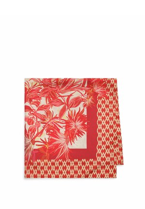 Foulard quadrato con bordo geometrico rosso e beige e motivo floreale centrale con foglie e fiori rossi e rosa.