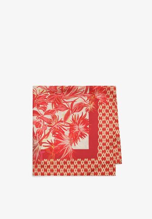 Foulard carré avec une bordure géométrique rouge et beige et un motif floral central avec des feuilles et des fleurs rouges et roses.