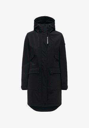 Black long parka with hood, front zipper, drawstrings, two large buttoned flap pockets, and a quilted inner lining visible inside the hood.