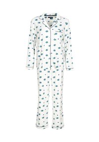 Weißes bedrucktes Pyjama-Set mit blauem und grünem Blumenmuster, langen Ärmeln und einem umgeschlagenen Kragen mit schwarzen Piping-Akzenten.