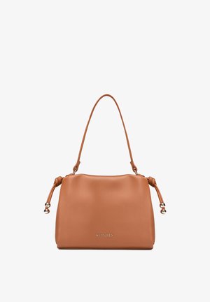 Tan leather handbag with a single strap, knot details on the sides with metal beads, and a small metal brand name plaque on the front.