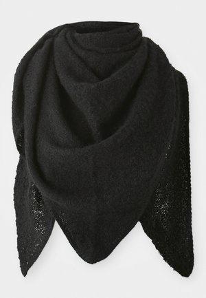 Sciarpa triangolare nera realizzata in un morbido tessuto testurizzato. Presenta un bordo a maglia e una silhouette fluida per uno stile versatile.