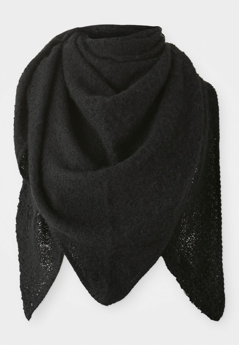 Sort trekantet sjal lavet af et blødt, struktureret stof. Har en strikket kant og en draperet silhuet for alsidig styling.