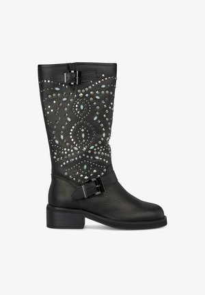 Black leather knee-high boots with silver and light blue embellishments, featuring a side buckle strap and a low block heel.