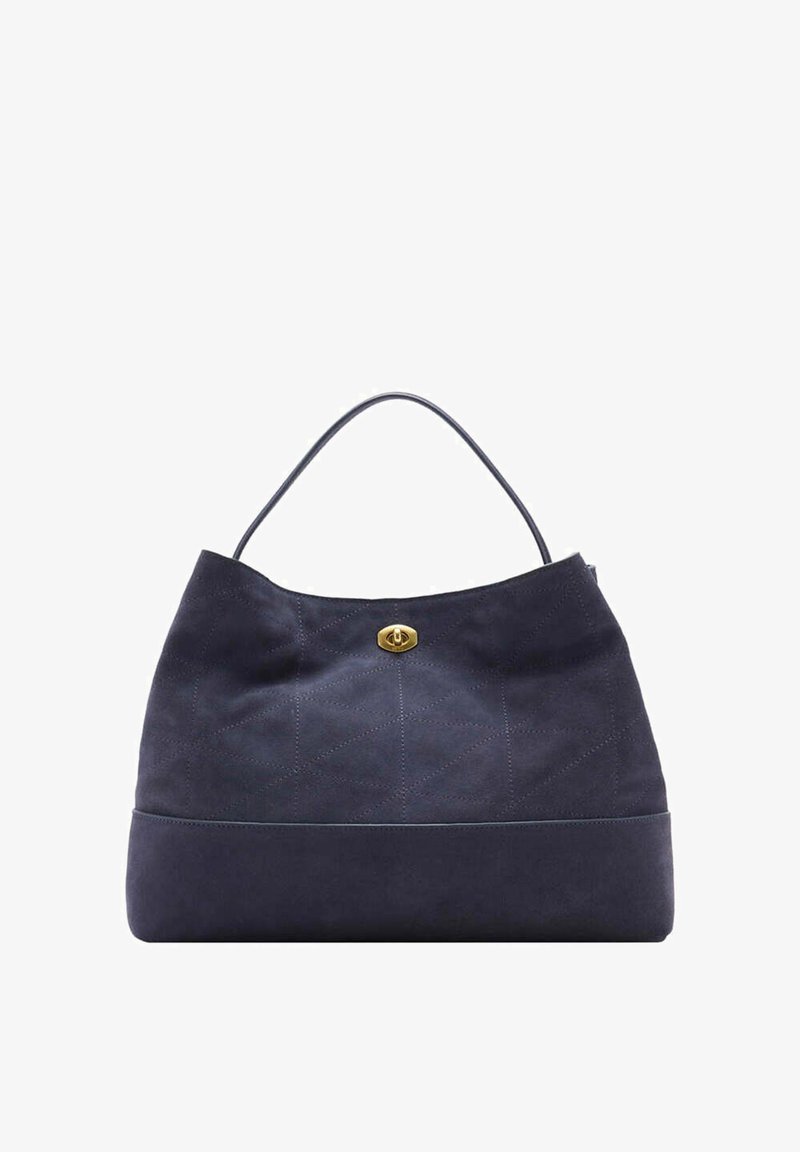 Sac à main en cuir bleu marine avec une poignée unique et une fermeture à verrouillage dorée, présenté sur fond blanc.