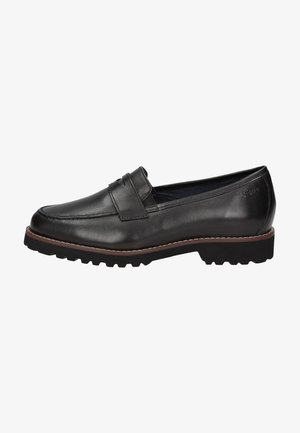 Schwarze Lederloafer mit glatter Oberfläche, einem vorderen Riemen-Detail und einer Gummisohle mit strukturiertem Profil für besseren Halt.