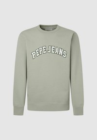 Ljusgrön sweatshirt med rundad halsringning, ribbade muddar och midja. "PEPE JEANS" tryckt i böjd text över bröstet i vitt och mörkgrönt.