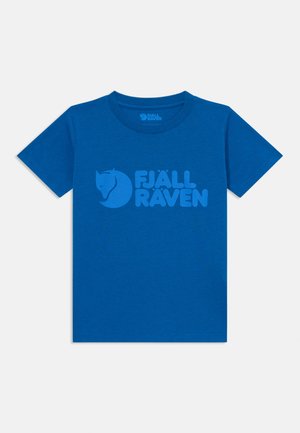 Blue short-sleeve t-shirt with round neck, featuring a tone-on-tone Fjällräven logo and text centered on the chest.