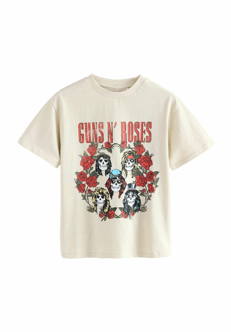 Krémové bavlněné tričko s centrálním grafickým motivem lebek obklopených červenými růžemi a nápisem "GUNS N' ROSES" tučně červenou barvou.