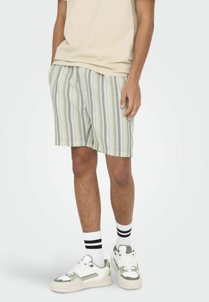 Striped shorts in light green, white, and gray. Made from a lightweight fabric, featuring an elastic waistband, with side pockets.