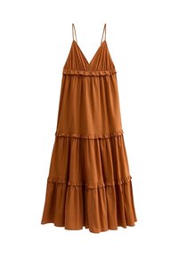 Robe maxi tiered orange rouille avec un décolleté en V, des fines bretelles, des accents volants et un tissu fluide. Présente une coupe ample et décontractée.