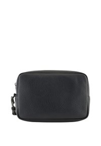 Borsa rettangolare nera in pelle con superficie testurizzata, chiusura zip superiore e tracolla regolabile. Design semplice senza loghi visibili.