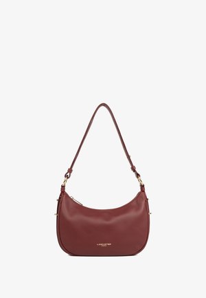 Piccola borsa a tracolla in pelle bordeaux con hardware dorato e una sola tracolla, dotata di chiusura con zip e logo "Lancaster Paris" sul fronte.