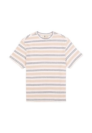 Kurzärmliges, gestreiftes T-Shirt in softem Pfirsich, Weiß und Grau. Mit rundem Ausschnitt und geradem Schnitt. Glatte Stoffstruktur.