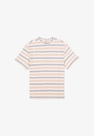 Gestreept T-shirt met korte mouwen in zacht perzik, wit en grijs. Voorzien van een ronde halslijn en een recht gesneden ontwerp. Soepele stoftextuur.