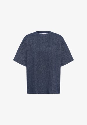 Tengerészkék, oversized, rövid ujjú póló texturált anyagból, kerek nyakkivágással és laza, kényelmes szabással.