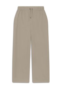 Pantalones de pierna ancha beige con cinturilla elástica y cordón ajustable. Tejido suave con un diseño limpio, sin herrajes ni patrones visibles.
