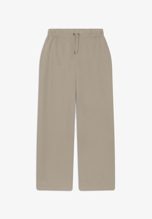 Pantaloni beige a gamba larga con vita elastica e cordino regolabile. Tessuto liscio con un design pulito, senza hardware o motivi visibili.