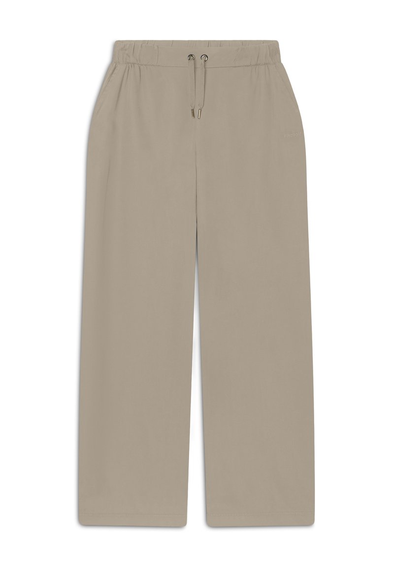 Pantalones de pierna ancha beige con cinturilla elástica y cordón ajustable. Tejido suave con un diseño limpio, sin herrajes ni patrones visibles.