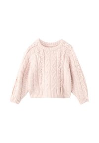 Helles rosa Strick-Pullover mit Zopfmuster, runder Ausschnitt und langen Ärmeln. Hat ein verkürztes Design sowie gerippte Bündchen und Saum.