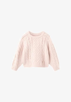 Lys rosa strikket sweater med kabelmønstre, rund halsudskæring og lange ærmer. Har et cropped design og ribbede manchetter og kant.