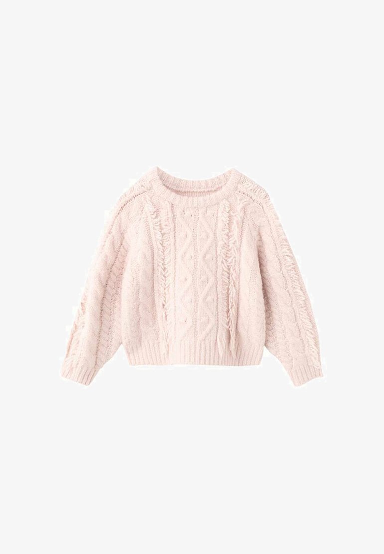 Helles rosa Strick-Pullover mit Zopfmuster, runder Ausschnitt und langen Ärmeln. Hat ein verkürztes Design sowie gerippte Bündchen und Saum.