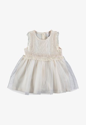 Vestido de bebé sin mangas color crema con detalles de encaje en el cuerpo, ribete de flecos y falda con sobreposición de tul.