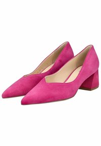 Décolleté in suede rosa con tacco alto, punta affilata e design a V. Presentano un tacco a blocco e una fodera interna liscia.