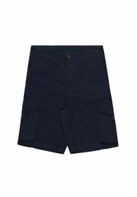 Pantaloni cargo blu navy in cotone con chiusura a bottone, dotati di due tasche laterali e due tasche cargo sulle cosce.