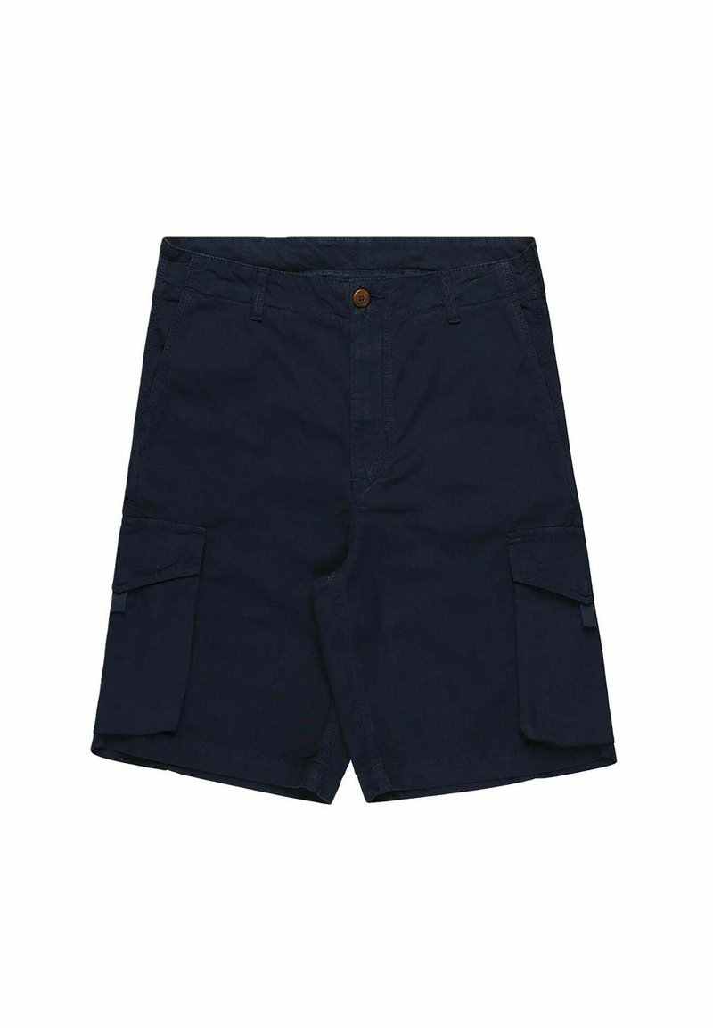 Pantaloni cargo blu navy in cotone con chiusura a bottone, dotati di due tasche laterali e due tasche cargo sulle cosce.