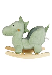 Plush green dragon rocking horse with soft texture, wooden rockers, and detailed features like spikes and round eyes. Suitable for children.