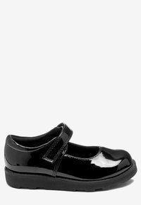 Zwart gepatenteerd leren Mary Jane-schoenen met een ronde neus en een verstelbare band, met een dikke, gestructureerde rubberen zool.