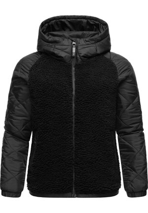 Schwarze Jacke mit einer gesteppte Nylonkapuze und -ärmeln, vorne aus weichem, flauschigem Fleece. Mit Reißverschluss und gerippten Bündchen an den Handgelenken.