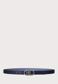 Ναυτικό δερμάτινο ζωνάρι με ασημένια ωοειδή αγκράφα που φέρει τα αρχικά "RL", λεία υφή και ρυθμιζόμενες οπές.