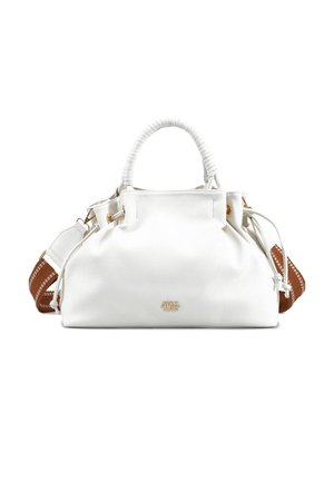Borsa a mano in pelle bianca con manico superiore testurizzato, tracolla regolabile marrone, chiusura a coulisse e un accento in oro con logo sul davanti.