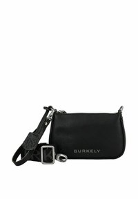 Borsa a tracolla in pelle nera con texture a forma di ciottolo, con hardware in argento, tracolla removibile e il nome del marchio "BURKELY" in rilievo.