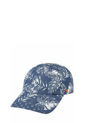 Blue baseball cap with white tropical leaf print and small circular patterns on the brim, featuring a small red tag on the side.