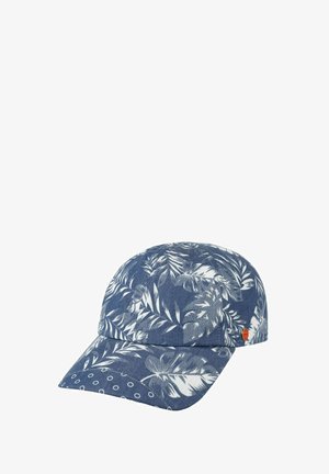 Blue baseball cap with white tropical leaf print and small circular patterns on the brim, featuring a small red tag on the side.