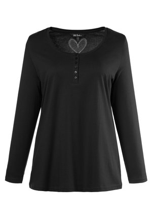 Sort langærmet T-shirt med en scoop-udskæring, der har en knaplukning og et hjerte-mønster på det indre lag. Blødt bomuldsstof.