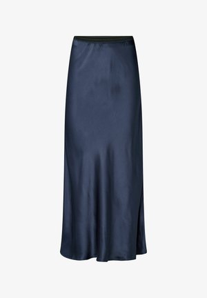 Marine satijnen rok met een zachte textuur, een lengte tot halverwege de kuit en een discrete elastische tailleband voor comfort. Minimalistisch ontwerp zonder patronen.