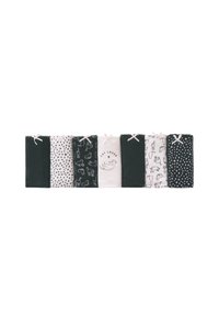 Set di strofinacci decorati in bianco e nero, con pois, disegni di gatti e il testo "Amante dei gatti", arricchiti da dettagli di tessuto legati.