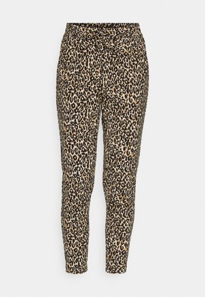 Pantalons en tissu extensible avec imprimé léopard, présentant un schéma de couleurs noir et marron, une taille élastique avec cordon de serrage, et des jambes fuselées.