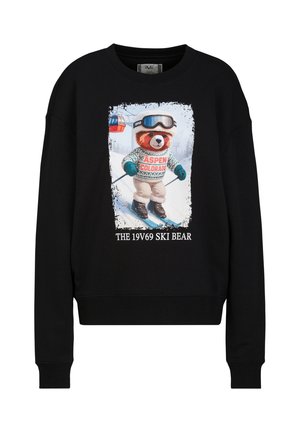Zwarte trui met afbeelding van een beer die skiet, met een Aspen Colorado trui en skibril, tekst luidt "The 19V69 Ski Bear."