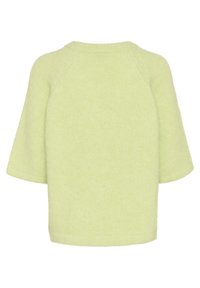 Pulover tricotat verde deschis, cu o textură moale, mâneci scurte tip batwing și decolteu rotund; design minimalistic fără ornamente.