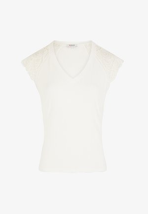 Witte V-hals top met geribbelde textuur, voorzien van kanten schouderaccenten en korte mouwen, wat een aansluitende silhoutte creëert.