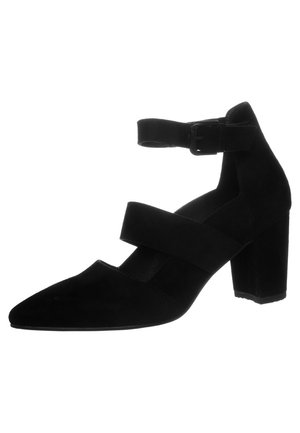 Black suede high-heeled shoe with pointed toe, ankle straps, and block heel. Features two wide bands across the instep for added support.